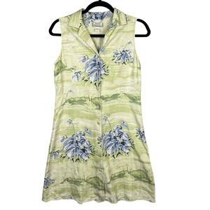 Tommy Bahama Womens Green Silk Tropical Floral Sleeveless Button Front Dress 8